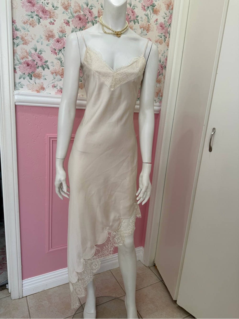 Satin Lace-Trim Asymmetrical Slip Dress in Cream